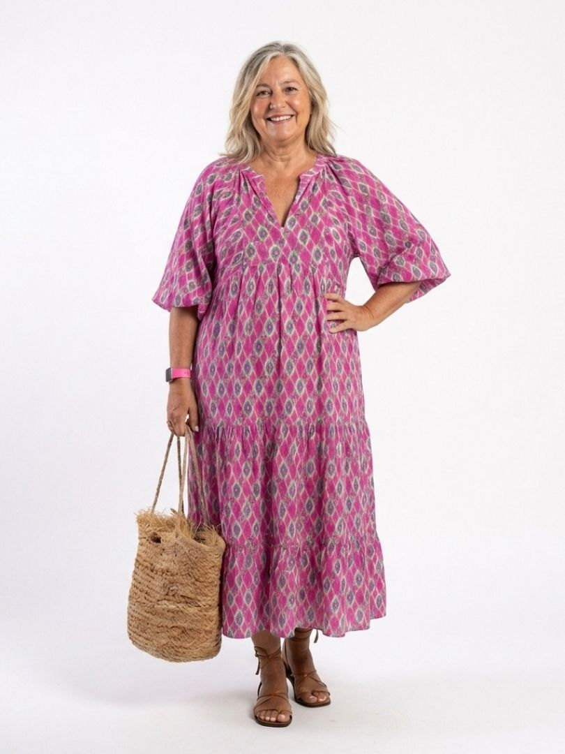Zoe | Patterned Midi Dress with V Neckline & Three Quarter Sleeves