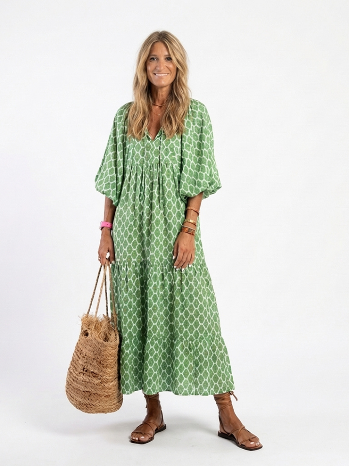 Zoe | Patterned Midi Dress with V Neckline & Three Quarter Sleeves