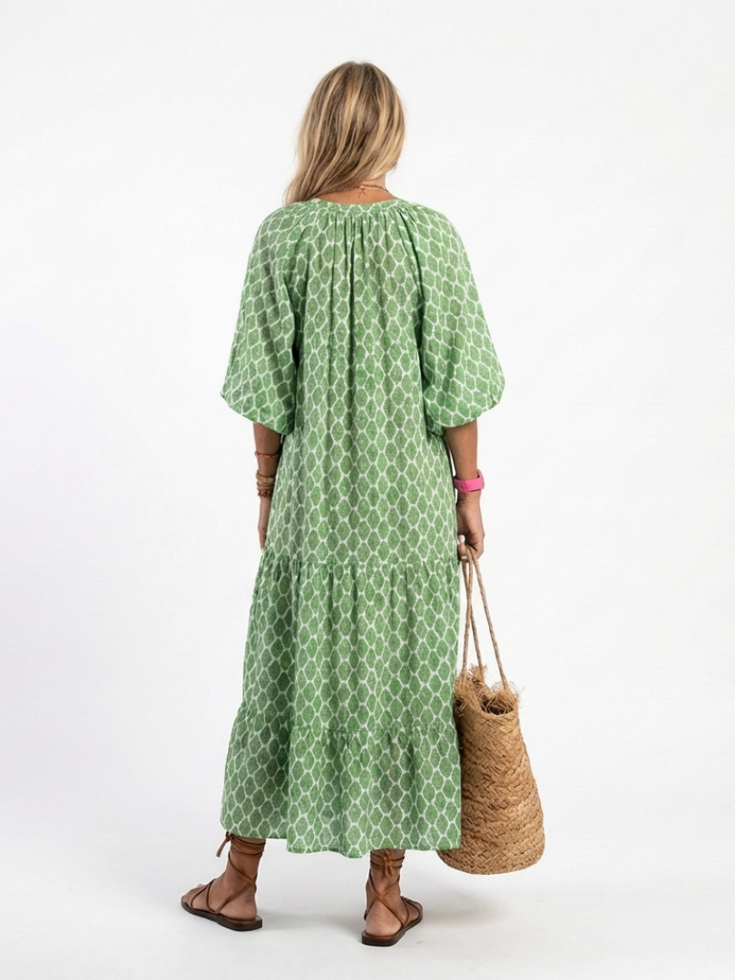 Zoe | Patterned Midi Dress with V Neckline & Three Quarter Sleeves