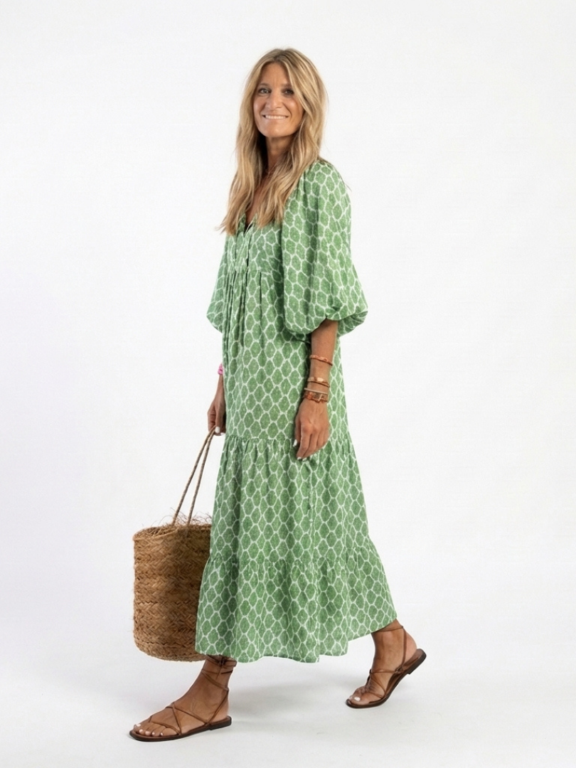 Zoe | Patterned Midi Dress with V Neckline & Three Quarter Sleeves