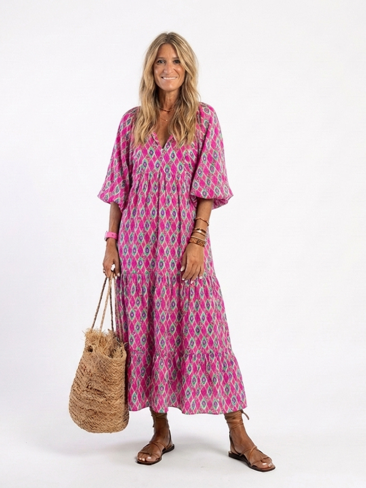 Zoe | Patterned Midi Dress with V Neckline & Three Quarter Sleeves
