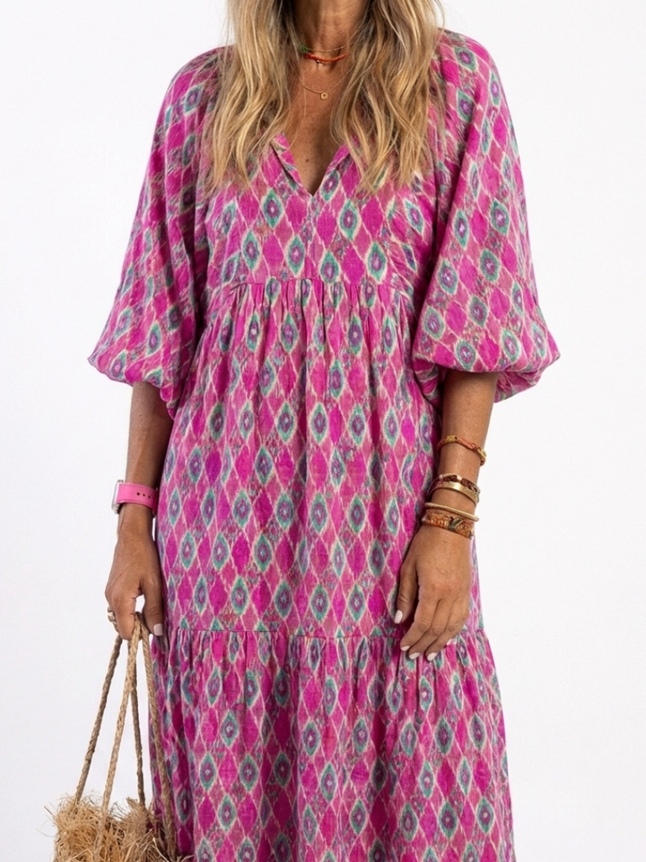 Zoe | Patterned Midi Dress with V Neckline & Three Quarter Sleeves