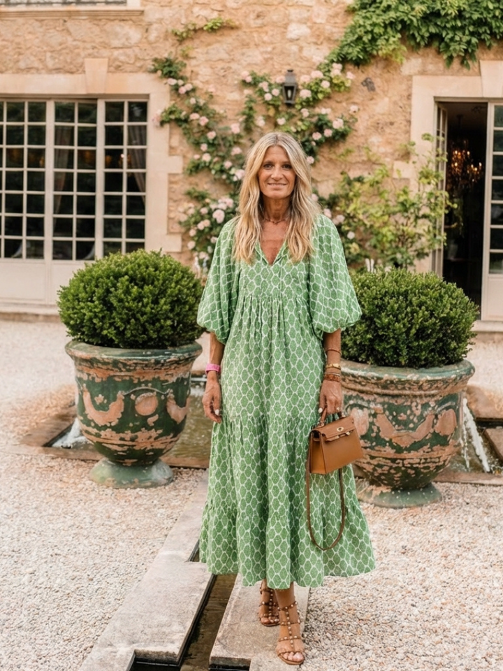 Zoe | Patterned Midi Dress with V Neckline & Three Quarter Sleeves