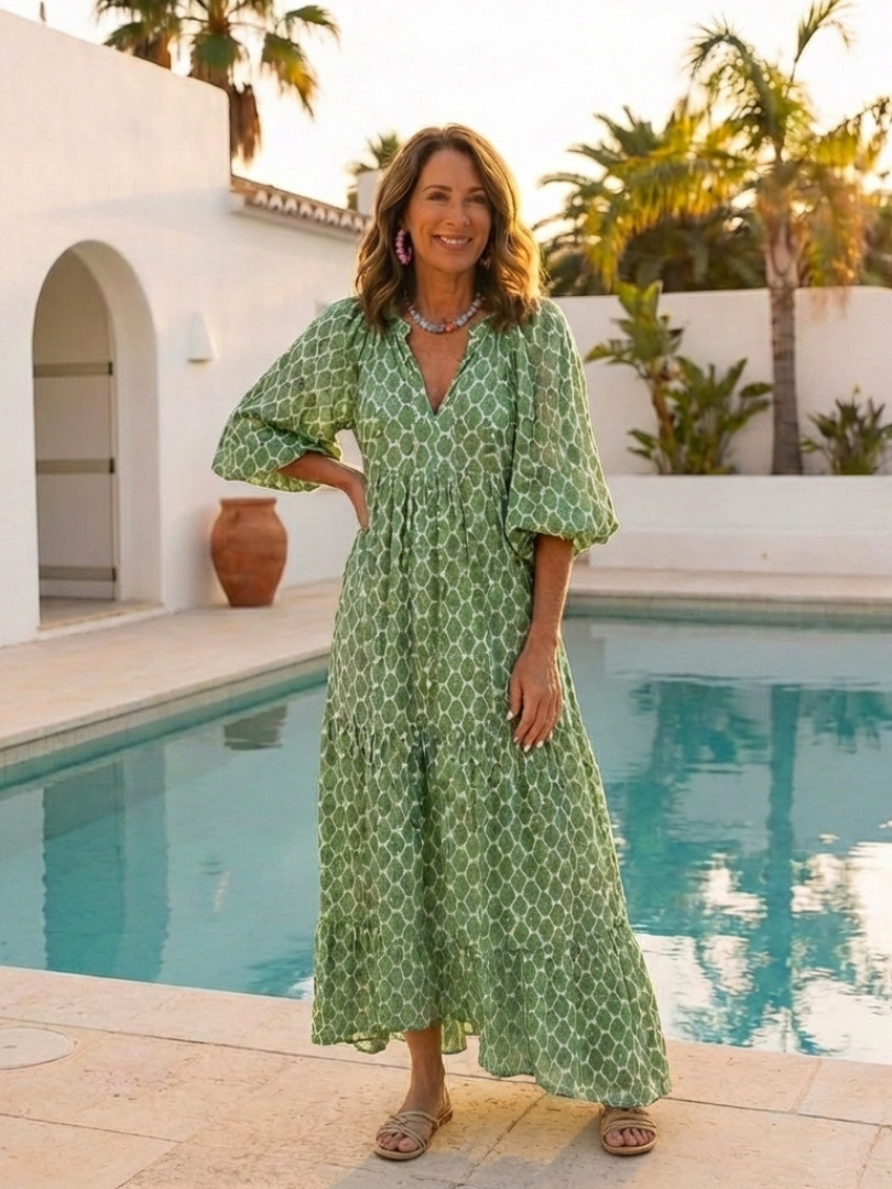 Zoe | Patterned Midi Dress with V Neckline & Three Quarter Sleeves