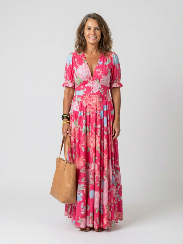 Laura | Floral Midi Dress with V Neckline & Short Sleeves