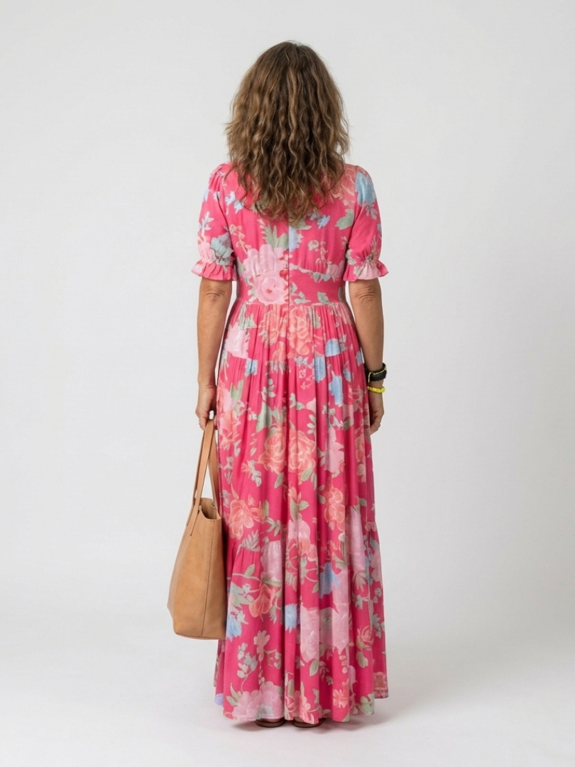 Laura | Floral Midi Dress with V Neckline & Short Sleeves
