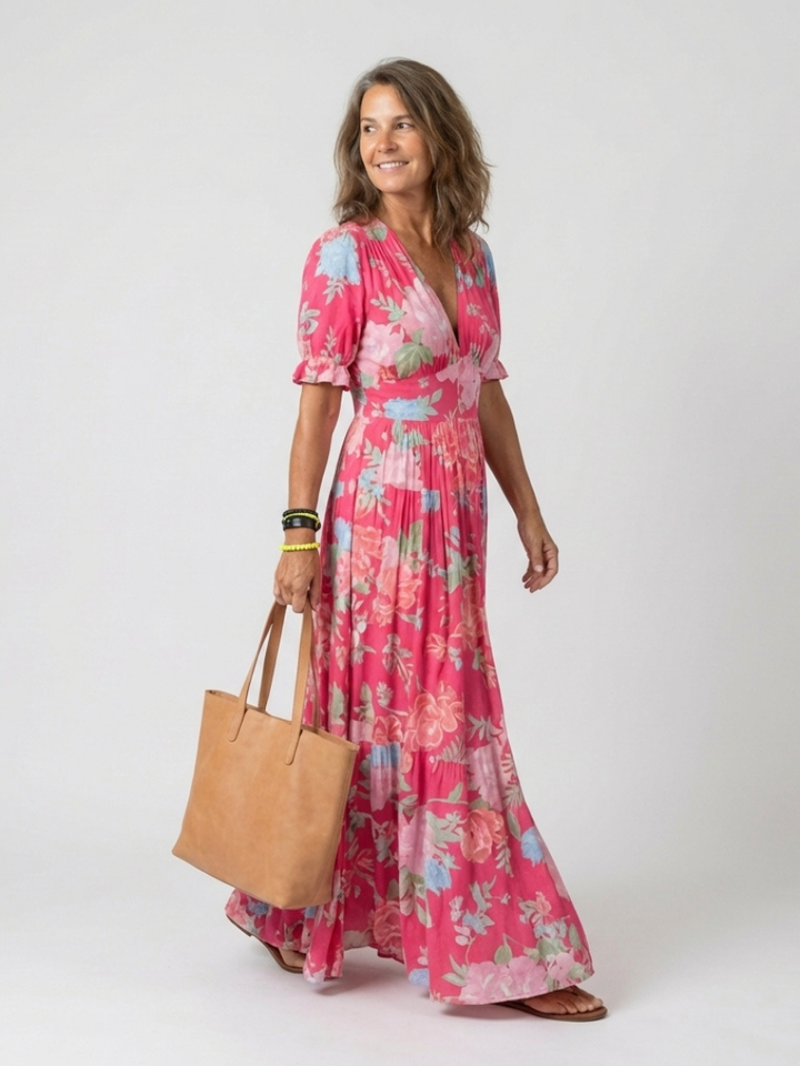Laura | Floral Midi Dress with V Neckline & Short Sleeves