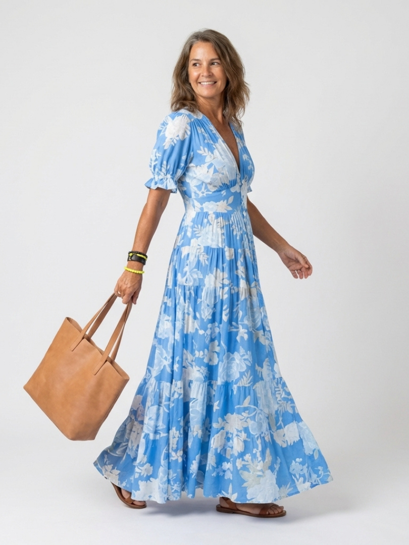 Laura | Floral Midi Dress with V Neckline & Short Sleeves