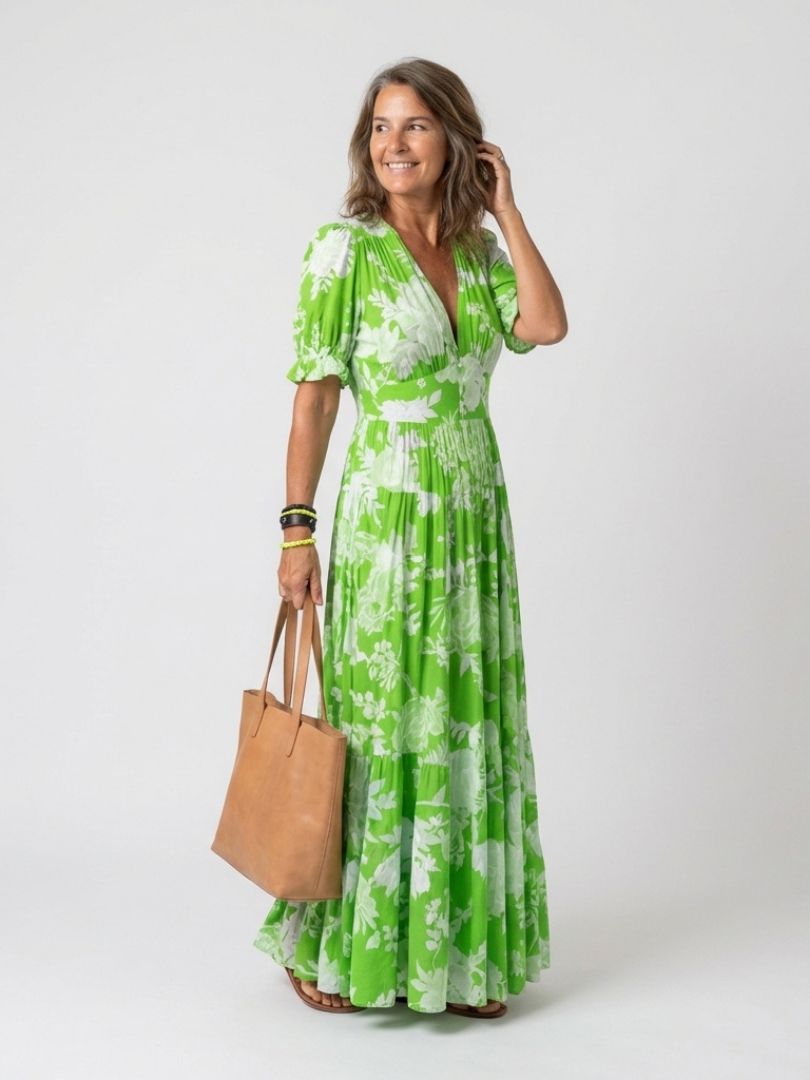 Laura | Floral Midi Dress with V Neckline & Short Sleeves