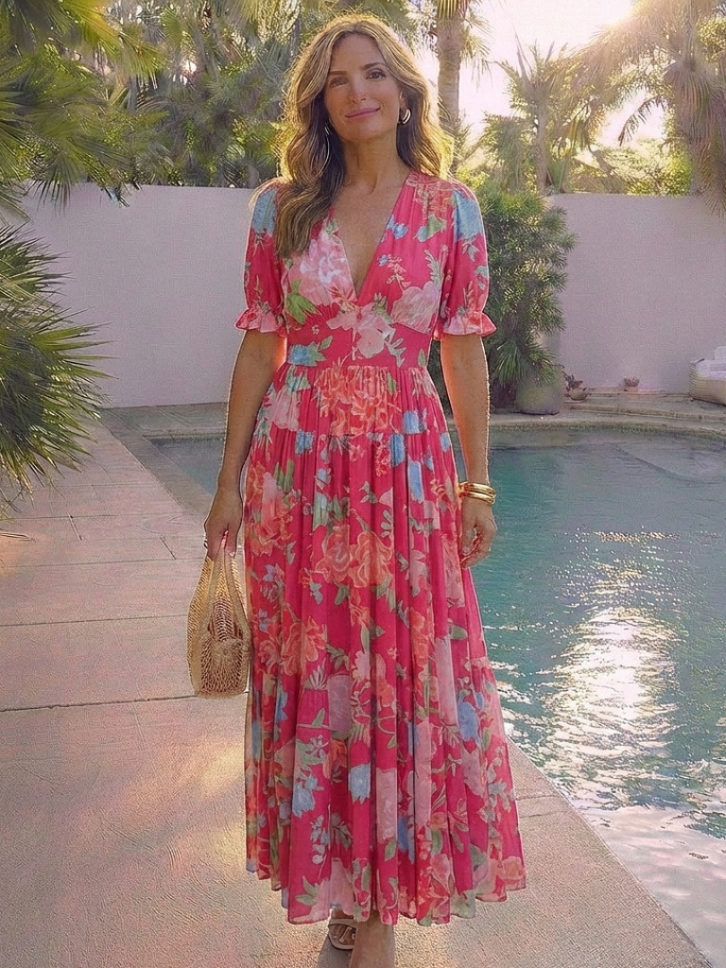 Laura | Floral Midi Dress with V Neckline & Short Sleeves