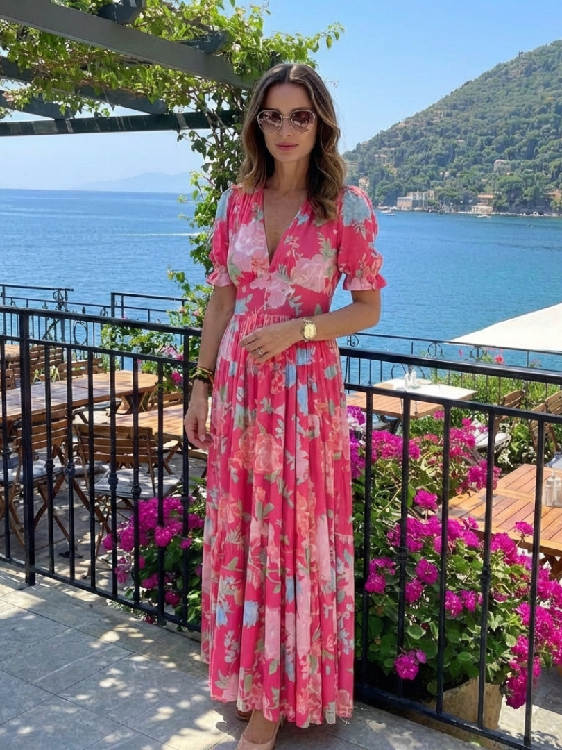Laura | Floral Midi Dress with V Neckline & Short Sleeves