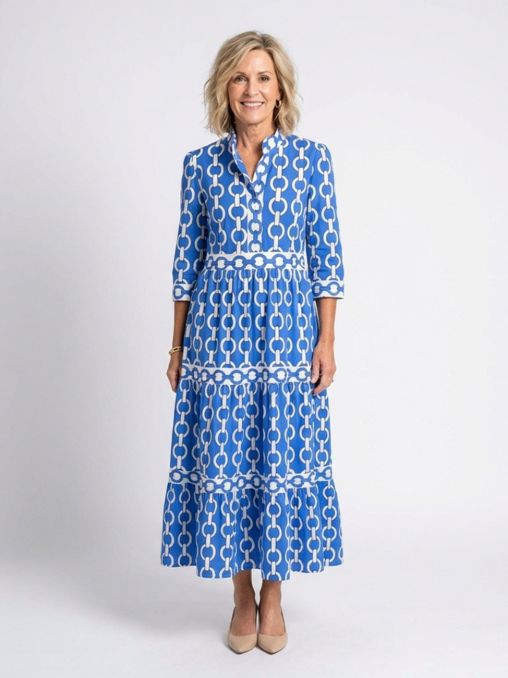 Renée | Chain Pattern Midi Dress with Three Quarter Sleeves
