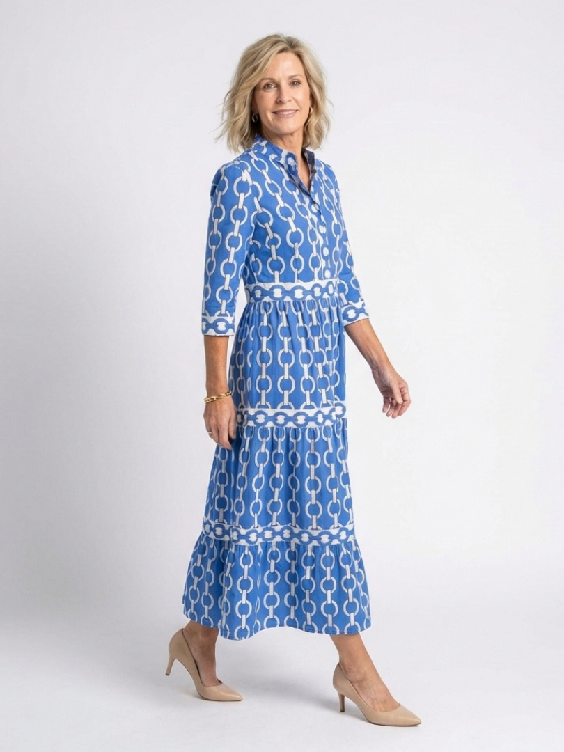 Renée | Chain Pattern Midi Dress with Three Quarter Sleeves