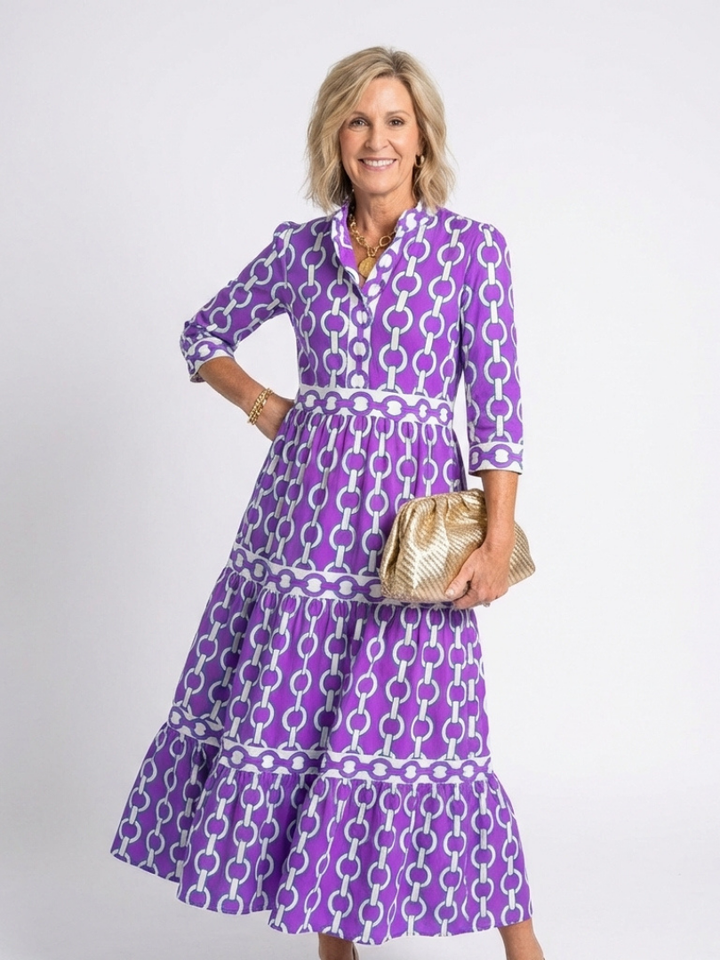 Renée | Chain Pattern Midi Dress with Three Quarter Sleeves