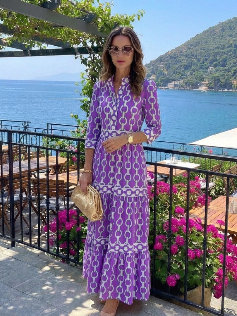 Renée | Chain Pattern Midi Dress with Three Quarter Sleeves