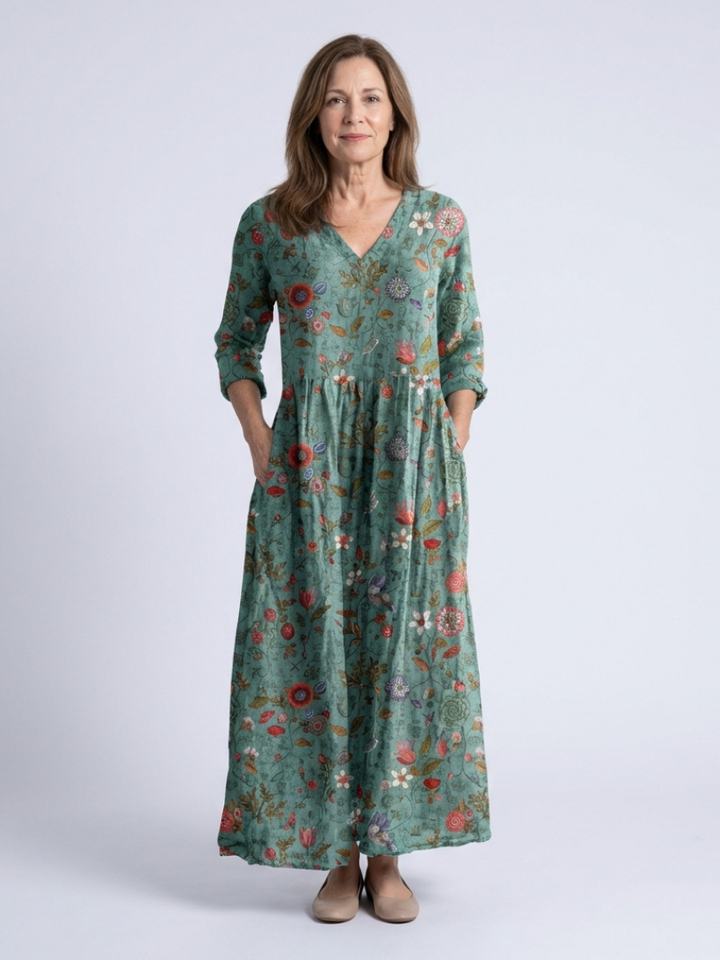 Solange | Floral Maxi Dress with Three Quarter Sleeves & V Neckline