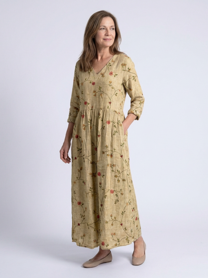 Solange | Floral Maxi Dress with Three Quarter Sleeves & V Neckline