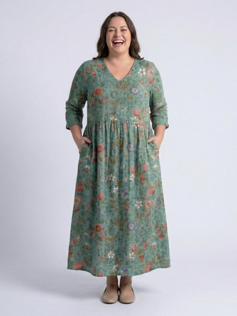 Solange | Floral Maxi Dress with Three Quarter Sleeves & V Neckline
