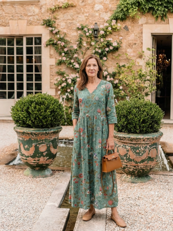 Solange | Floral Maxi Dress with Three Quarter Sleeves & V Neckline
