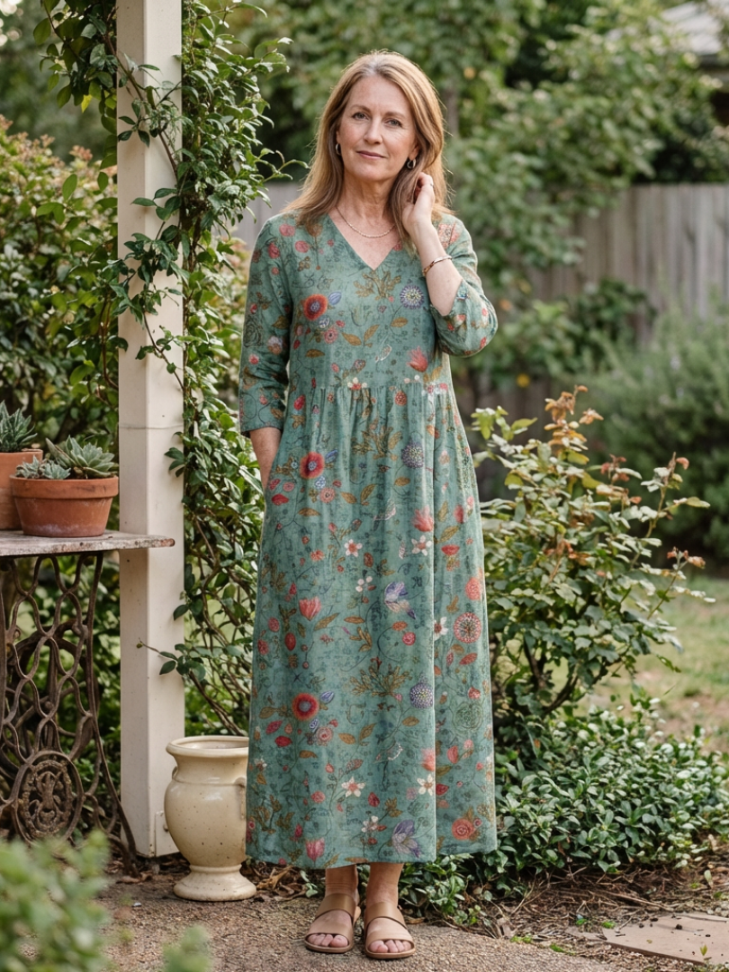 Solange | Floral Maxi Dress with Three Quarter Sleeves & V Neckline