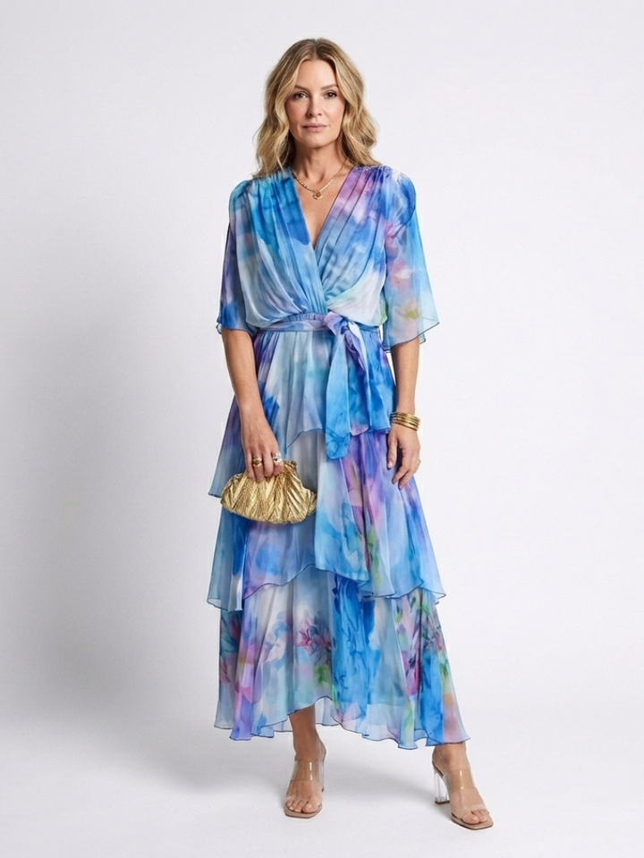 Margot | Sheer Layered Maxi Dress with V Neckline & Tie Waist