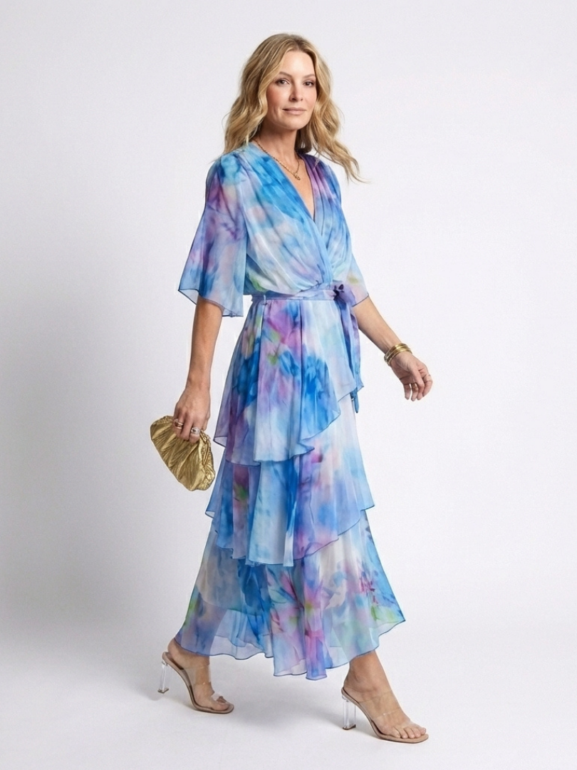 Margot | Sheer Layered Maxi Dress with V Neckline & Tie Waist