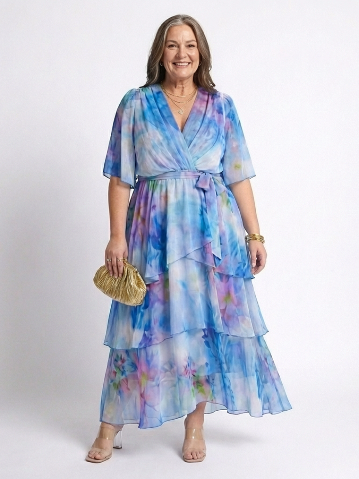 Margot | Sheer Layered Maxi Dress with V Neckline & Tie Waist