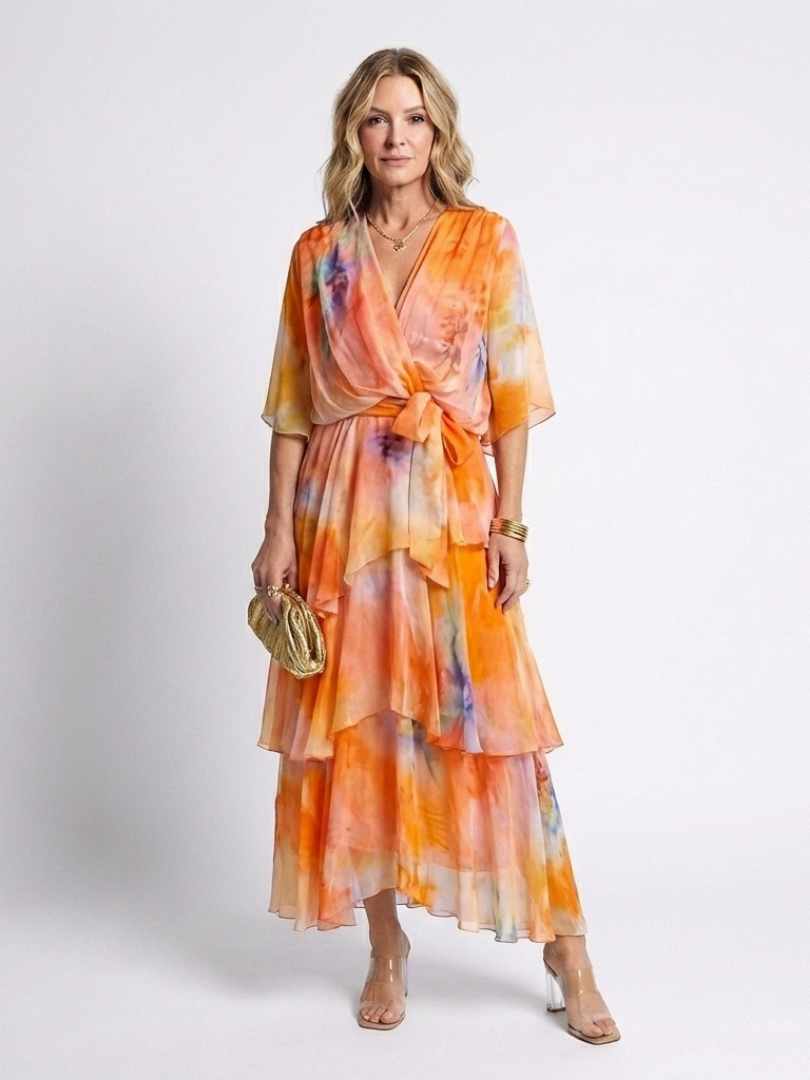 Margot | Sheer Layered Maxi Dress with V Neckline & Tie Waist