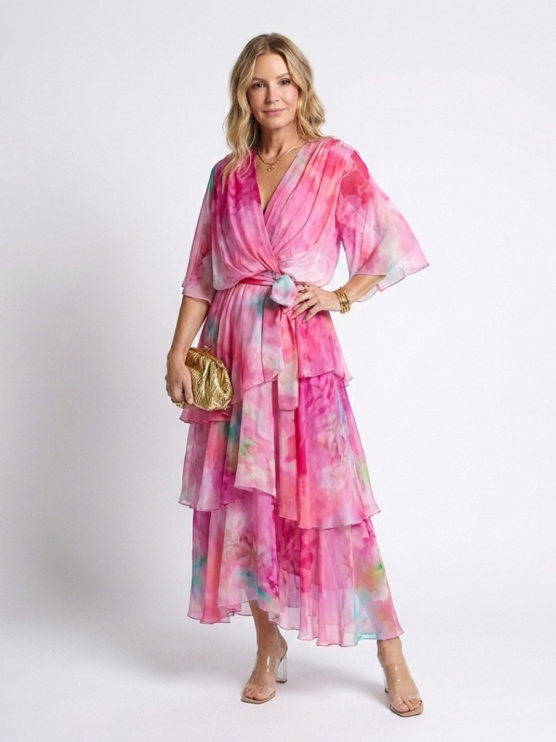 Margot | Sheer Layered Maxi Dress with V Neckline & Tie Waist