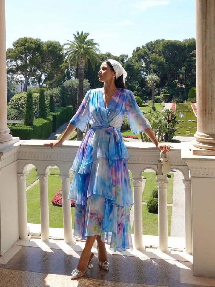 Margot | Sheer Layered Maxi Dress with V Neckline & Tie Waist