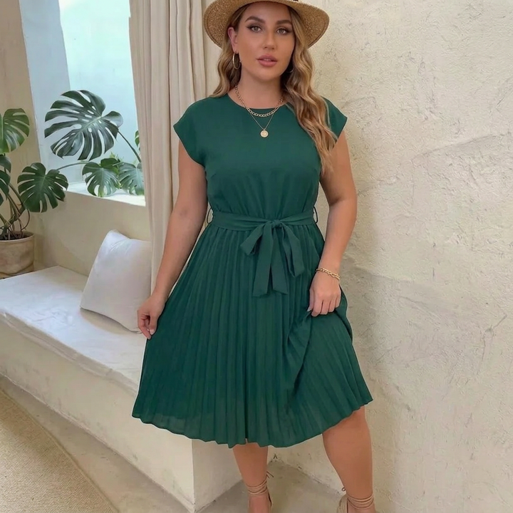 Lucia | Pleated Summer Midi Dress with Round Neckline
