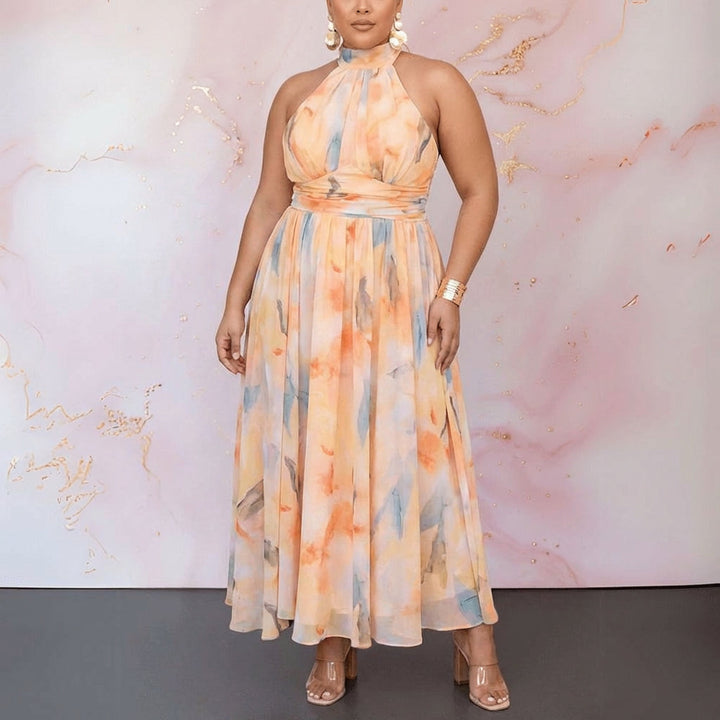 Hana | Watercolour Print Maxi Dress with Halter Neck & Open Back