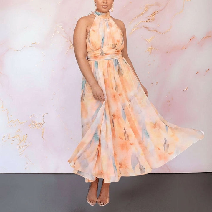 Hana | Watercolour Print Maxi Dress with Halter Neck & Open Back