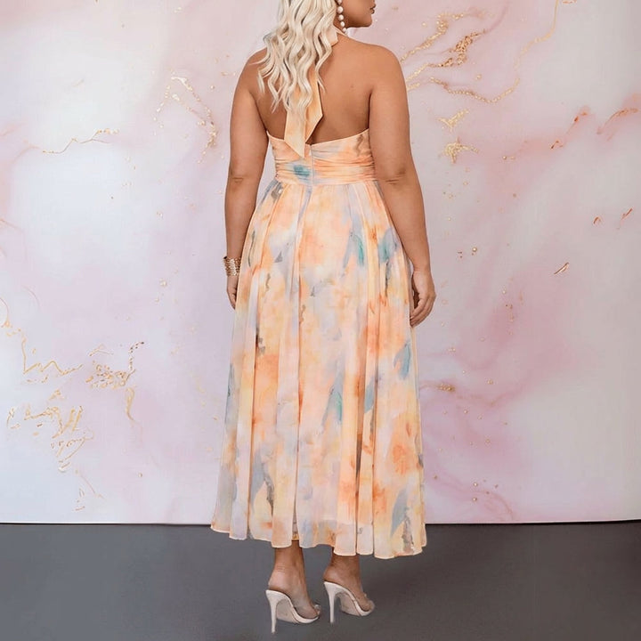 Hana | Watercolour Print Maxi Dress with Halter Neck & Open Back