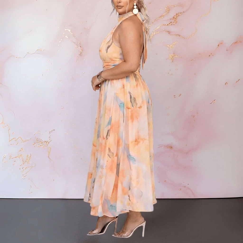 Hana | Watercolour Print Maxi Dress with Halter Neck & Open Back