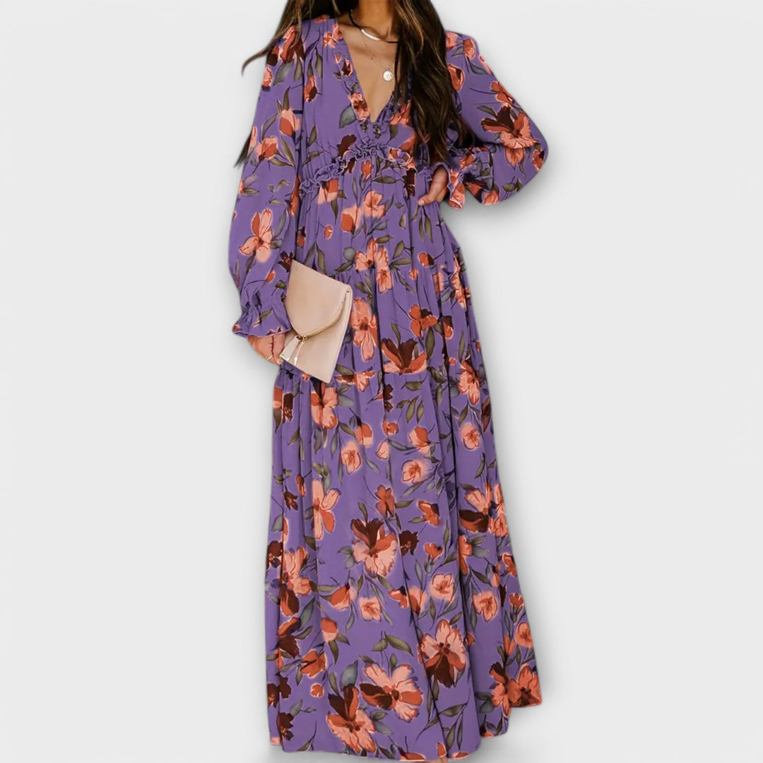 Phoebe | Floral Pleated Maxi Dress with V Neckline