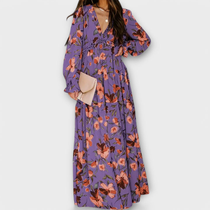 Phoebe | Floral Pleated Maxi Dress with V Neckline