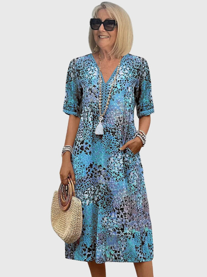 Yvonne | Floral Print Midi Dress with Flowing Silhouette & Belly Coverage