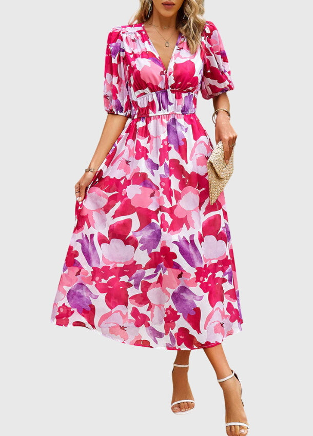 Marlene | Floral Print Midi Dress with Smocked Waist & Flowy Skirt