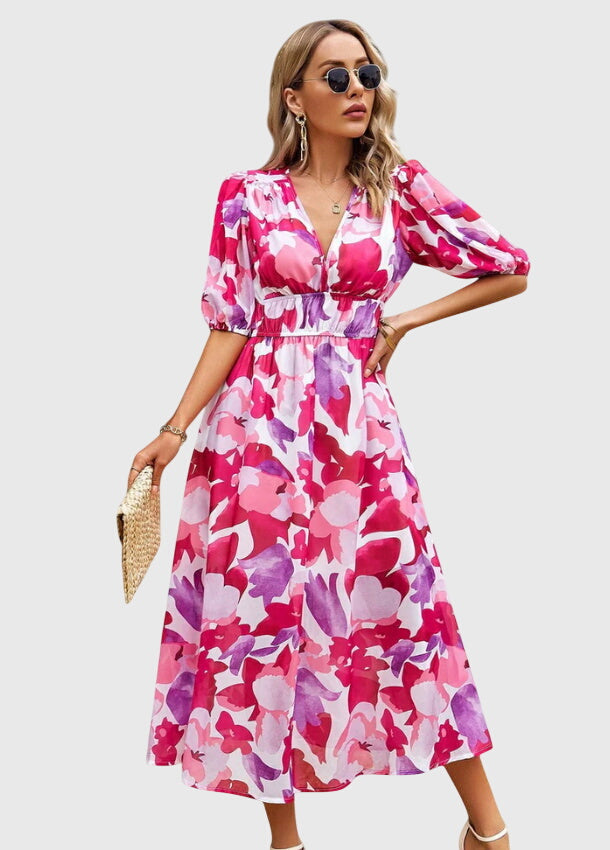 Marlene | Floral Print Midi Dress with Smocked Waist & Flowy Skirt