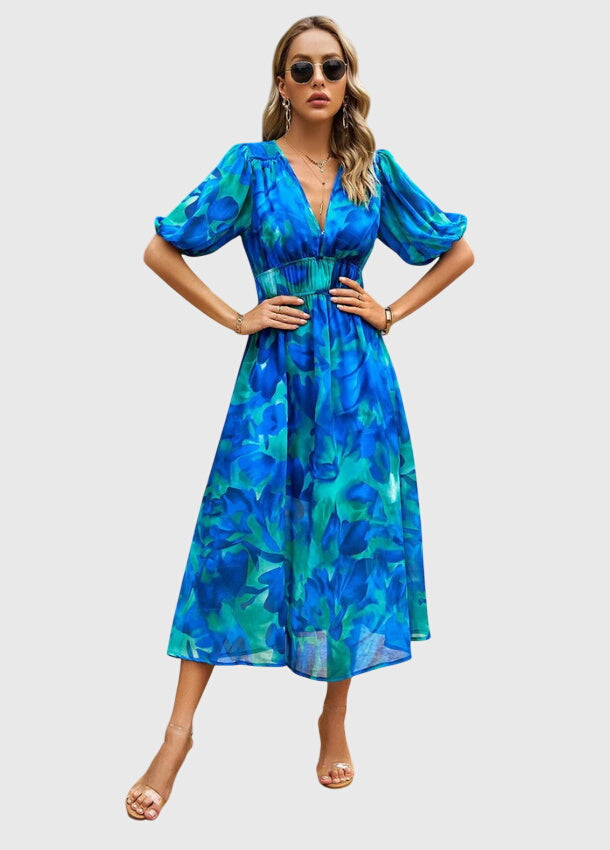 Marlene | Floral Print Midi Dress with Smocked Waist & Flowy Skirt
