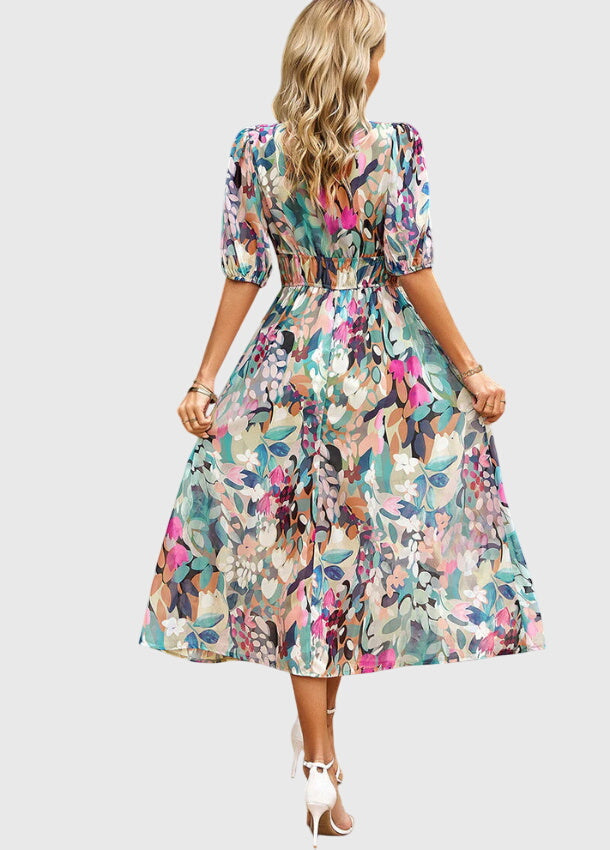 Marlene | Floral Print Midi Dress with Smocked Waist & Flowy Skirt