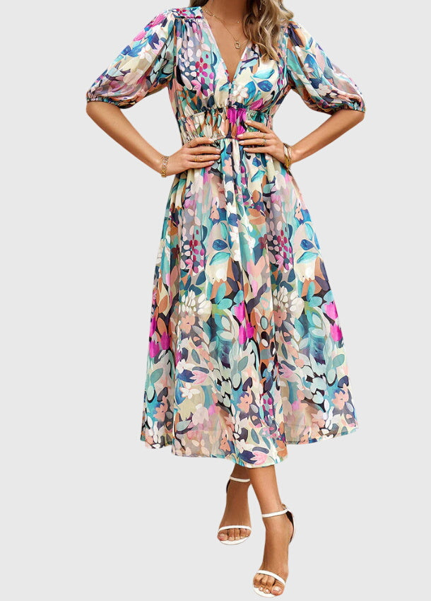 Marlene | Floral Print Midi Dress with Smocked Waist & Flowy Skirt