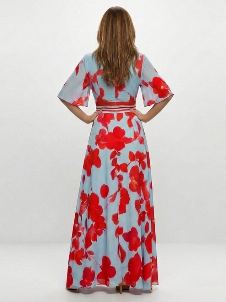 Delara | Floral Maxi Dress with V Neckline & Short Sleeves