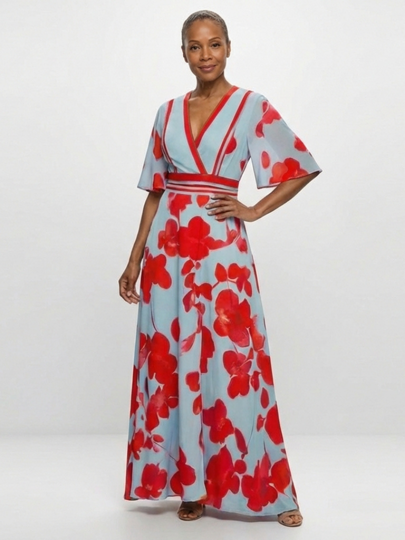 Delara | Floral Maxi Dress with V Neckline & Short Sleeves