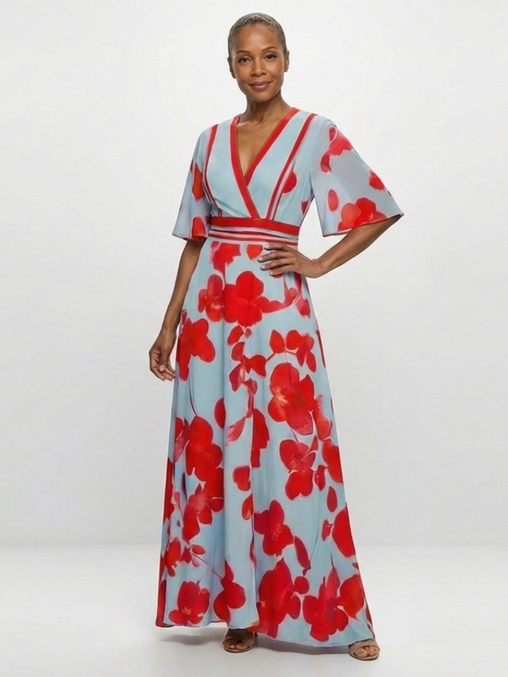 Delara | Floral Maxi Dress with V Neckline & Short Sleeves