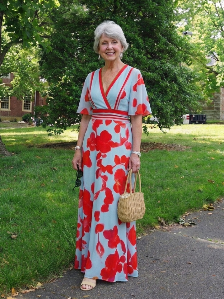 Delara | Floral Maxi Dress with V Neckline & Short Sleeves