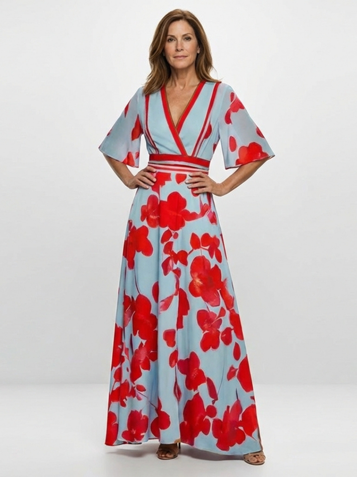 Delara | Floral Maxi Dress with V Neckline & Short Sleeves