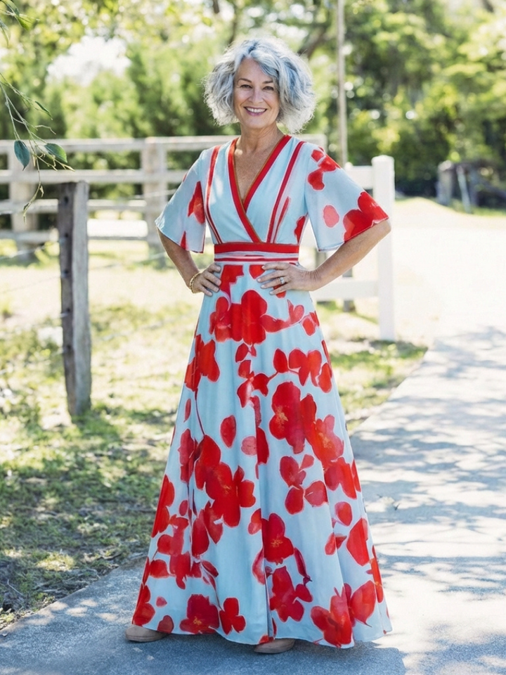 Delara | Floral Maxi Dress with V Neckline & Short Sleeves