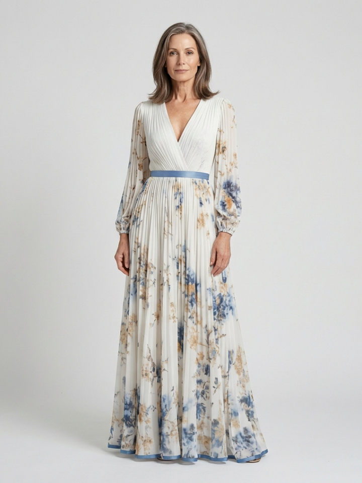 Isolde | Floral Maxi Dress with Long Sleeves & V Neckline